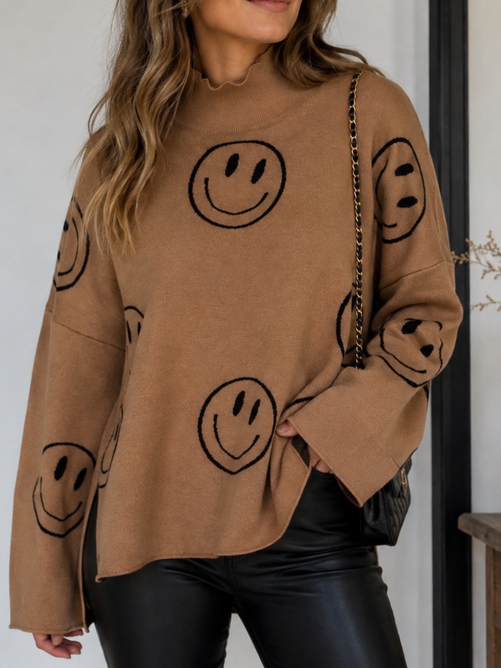 Chic Soul Smiley Face Sweater Size 2X Tan Brown Black Cozy Trendy Fun
